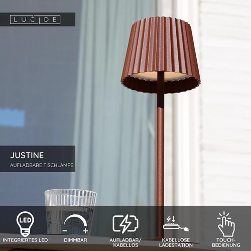 Lucide JUSTINE - wiederaufladbare Tischlampe Innen/Außen - Akku/Batterie - LED Dim. - 1x2W 2700K - IP54 - Mit kabelloser Ladestation - Rostfarbe - USP